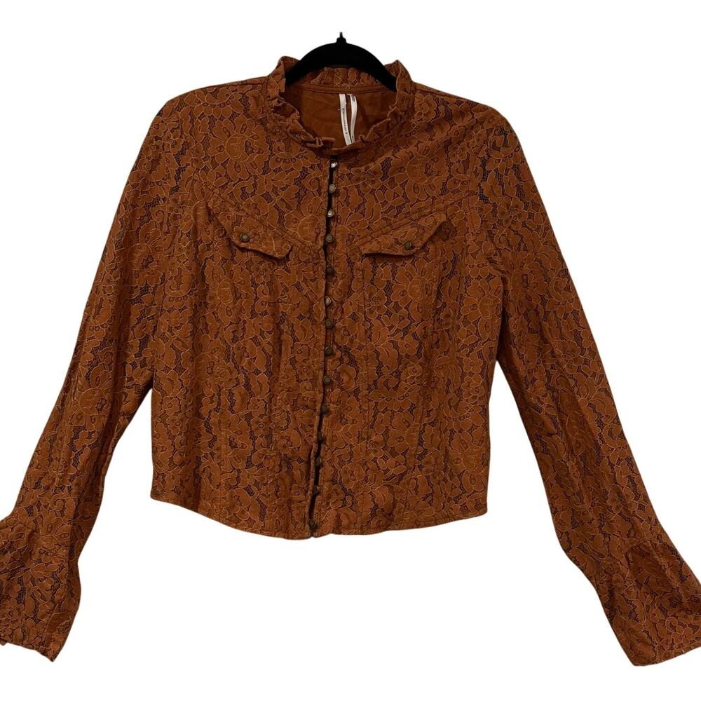 Anthropologie Brown Floral Lace Jacket Cropped Button Front Lined Women’s Medium